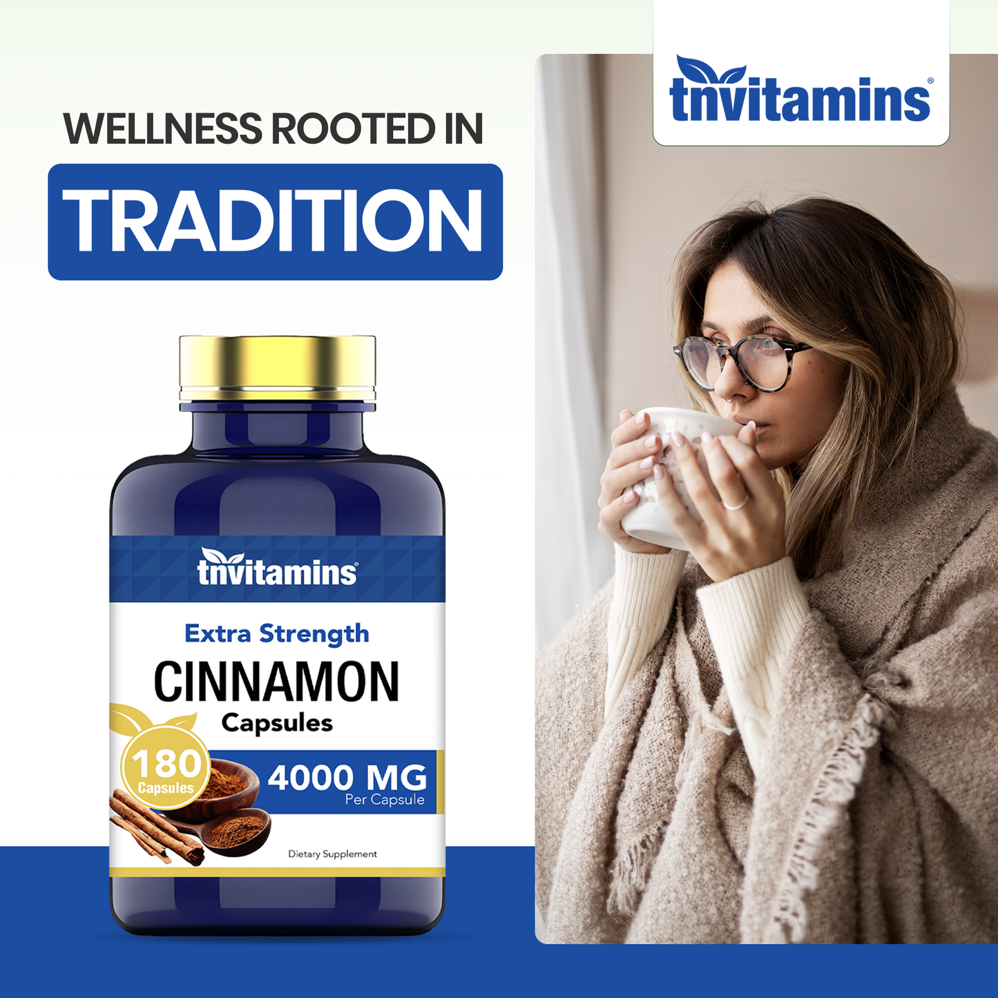 Cinnamon Capsules 4000 MG - 180 Capsules | Ceylon Cinnamon & Cassia Cinnamon Pills | Blood Sugar Support Supplement* | Extra Strength Cinnamon Bark Extract | Cinnamon Complex | by TNVitamins