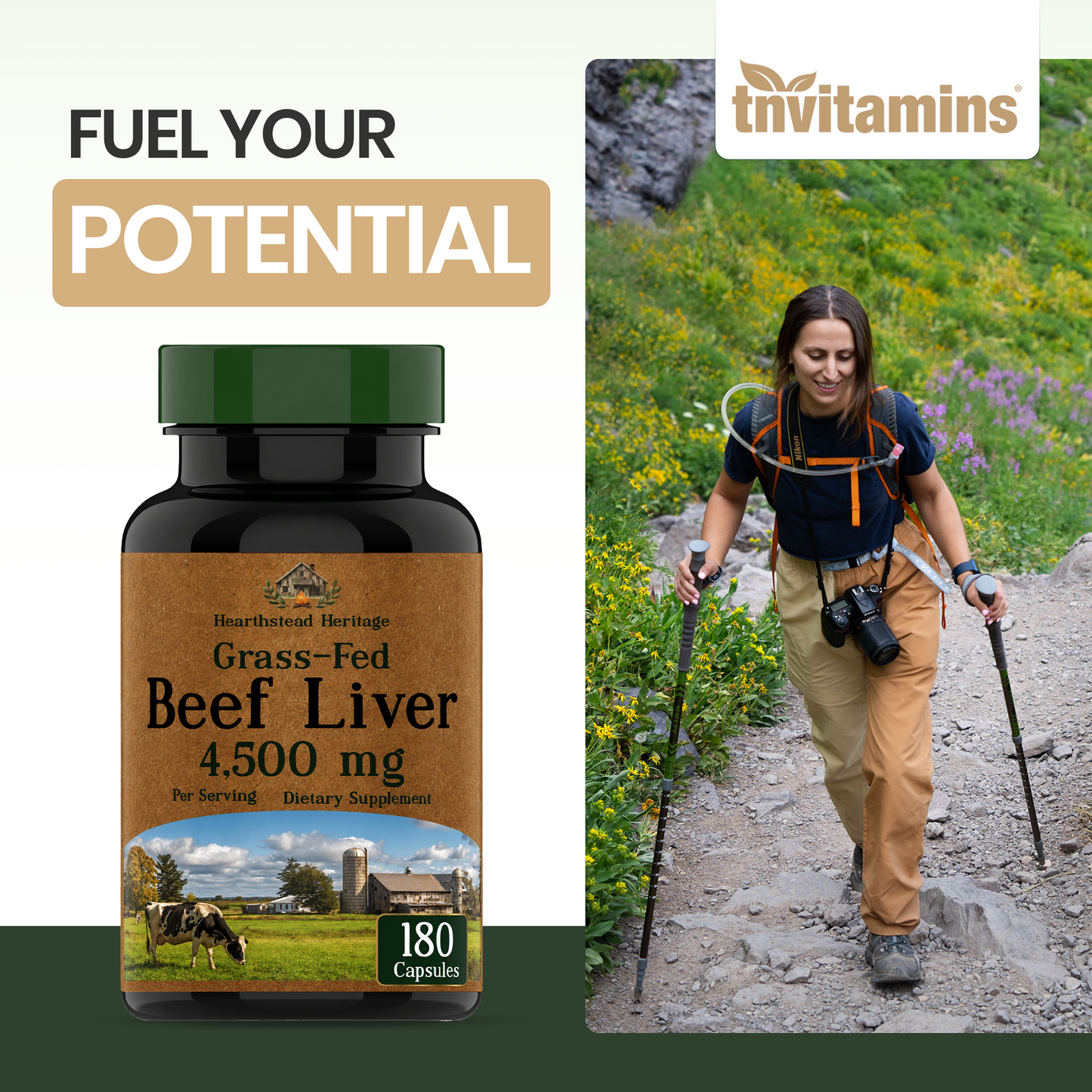 tnvitamins Grass Fed Beef Liver Capsules 4,500 mg per Serving – 180 Capsules | Desiccated, Freeze-Dried, Pasture-Raised Beef Liver Supplement | Natural Energy, Vitality & Immune Support | Made in USA