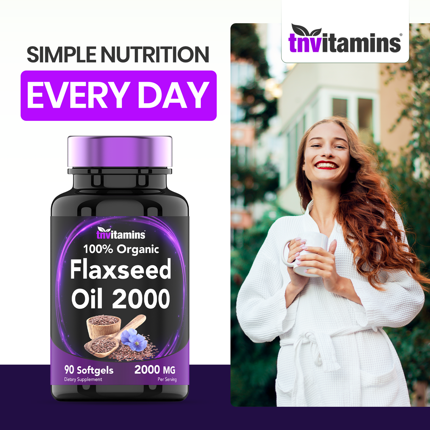 tnvitamins Organic Flaxseed Oil Softgels: 2000 mg  - 90 Softgels | High in Omega-3 Fatty Acids | Flaxseed Oil Supplement for Women & Men | Non-GMO