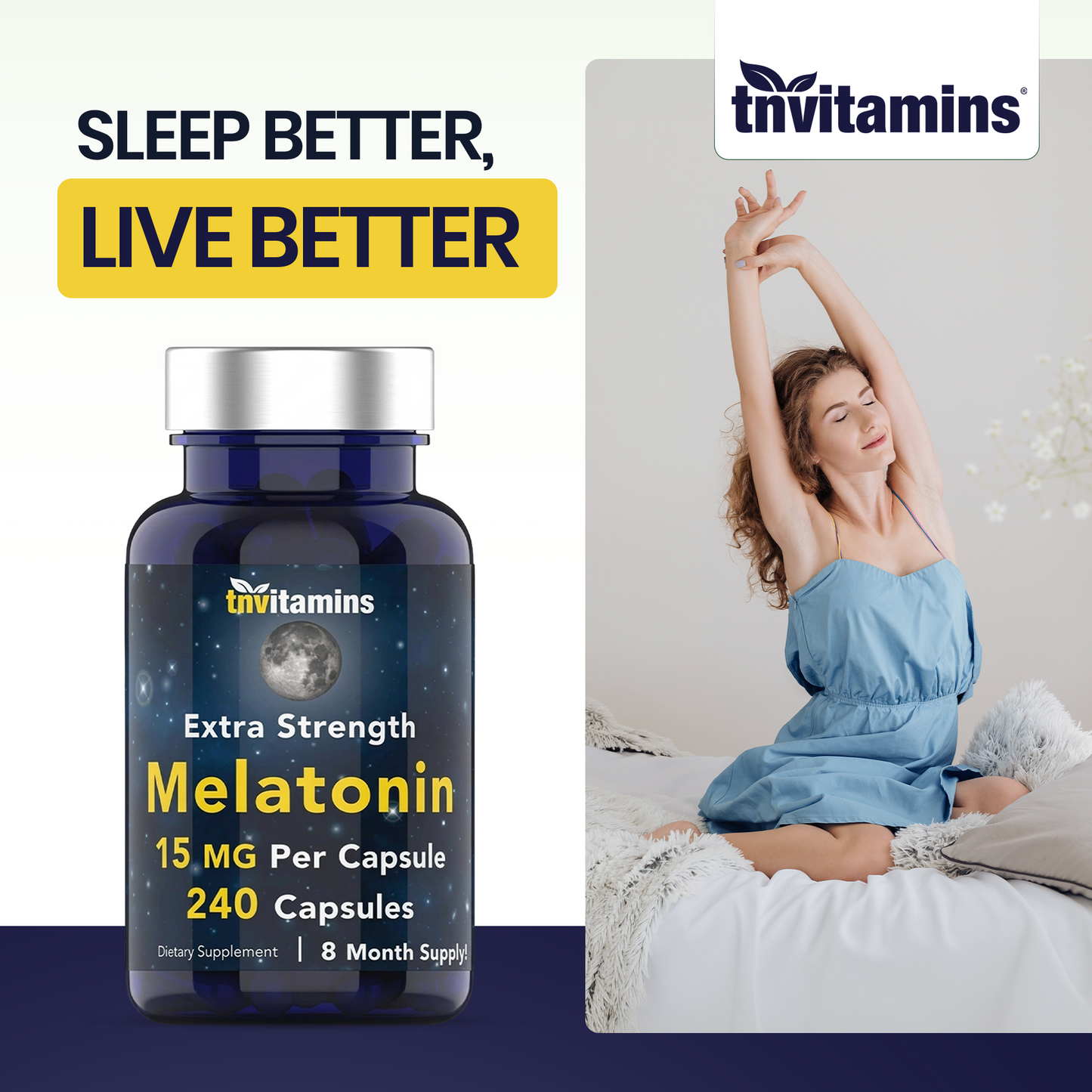 tnvitamins Melatonin 15 MG Per Capsule (240 Capsules) | All-Natural Sleeping Pills for Adults | Extra Strength Melatonin | Nighttime Sleep Aid | Natural Sleep Support Supplement