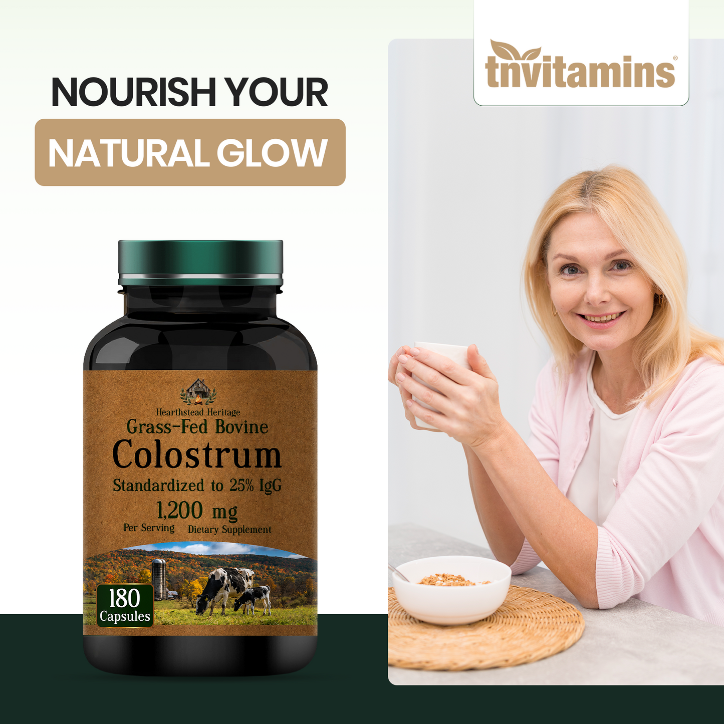 Colostrum Supplement 1,200 mg Per Serving, 180 Capsules | Standardized to 25% IgG (Immunoglobulin G) | Grass-Fed Bovine Colostrum Powder Caps | Immune Support Supplement | Non-GMO, Made in the USA!