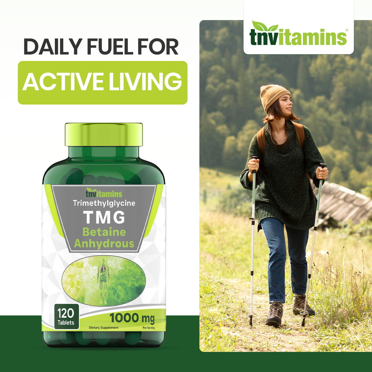 tnvitamins TMG Supplement 1000mg (Betaine Anhydrous) 120 Tablets | Better Than Betaine HCL* | Homocysteine Support* | Trimethylglycine | Non-GMO, Made in The USA!