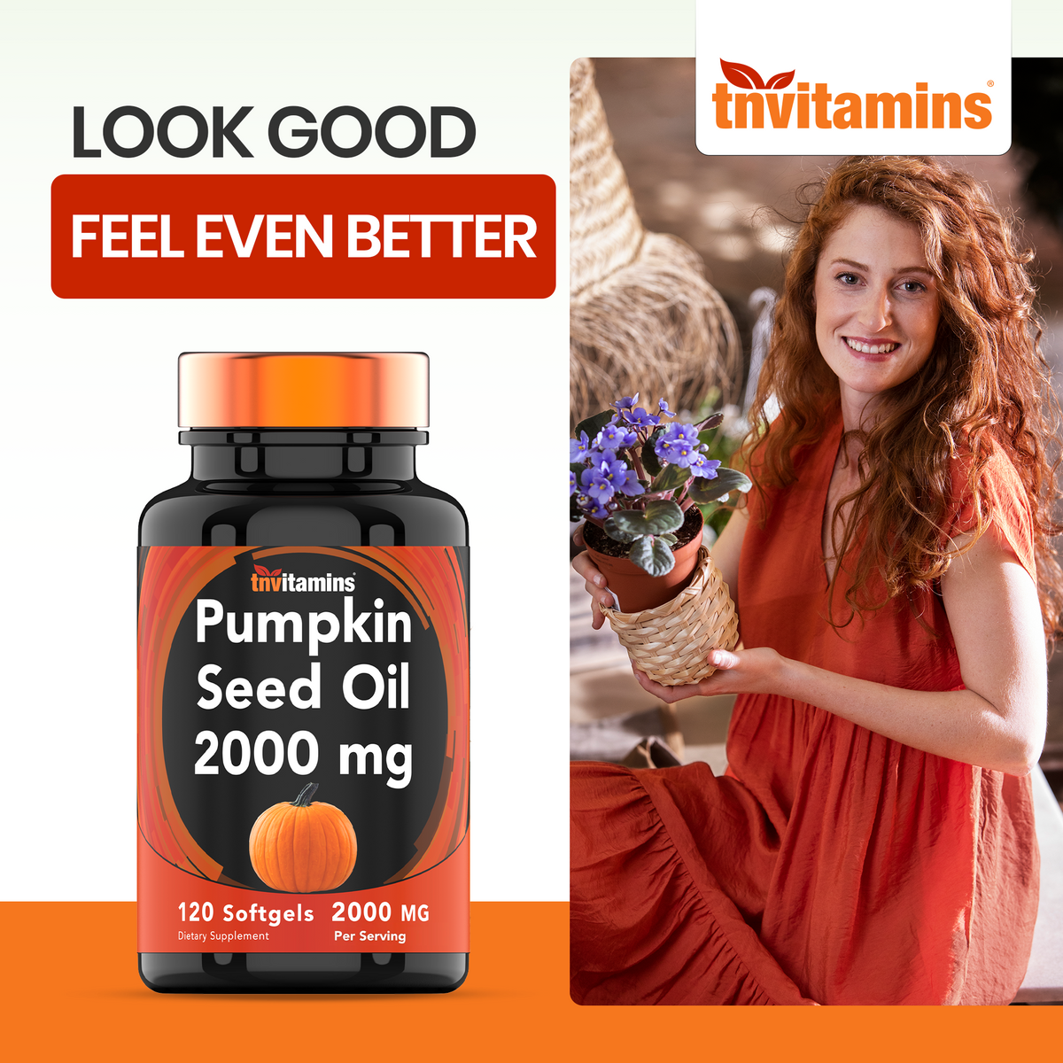 tnvitamins Pumpkin Seed Oil - 2000 mg Per Serving -  120 Softgels | Pumpkin Seed Oil for Hair Growth* | Pumpkin Seed Oil Extract Supplement for Bladder Control* | Non-GMO