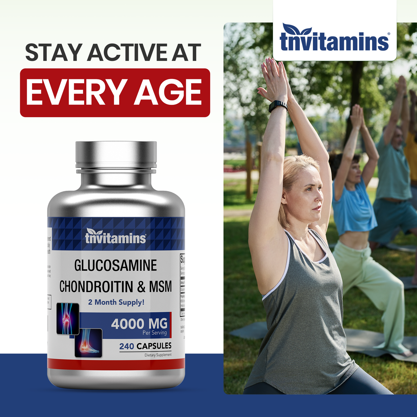 tnvitamins Glucosamine Chondroitin MSM Capsules, 240 Count | 4,000 mg Per Serving | 2,000 mg Glucosamine Sulfate 2KCl + MSM & Chondroitin | Joint Support Supplement