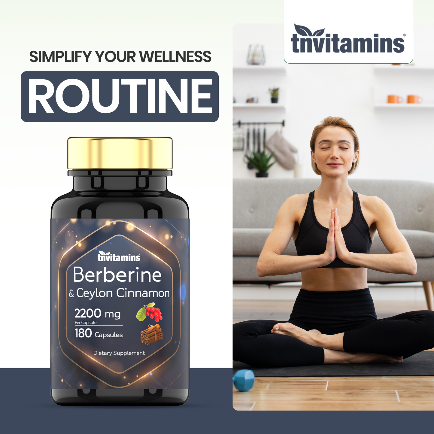 tnvitamins Berberine with Ceylon Cinnamon: 2200 mg Per Capsule - 180 Capsules | 6 Month Supply