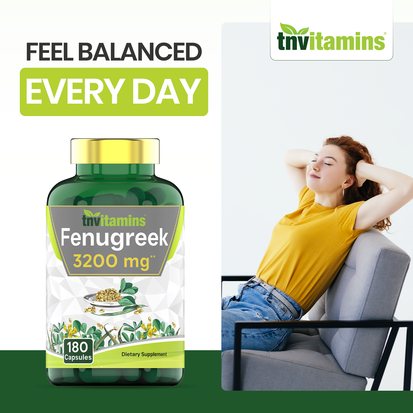 tnvitamins Fenugreek Capsules: 3200 mg - 180 Capsules | Fenugreek Supplement for Men & Women | Fenugreek Seed Powder Extract | Non-GMO | Made in The USA!