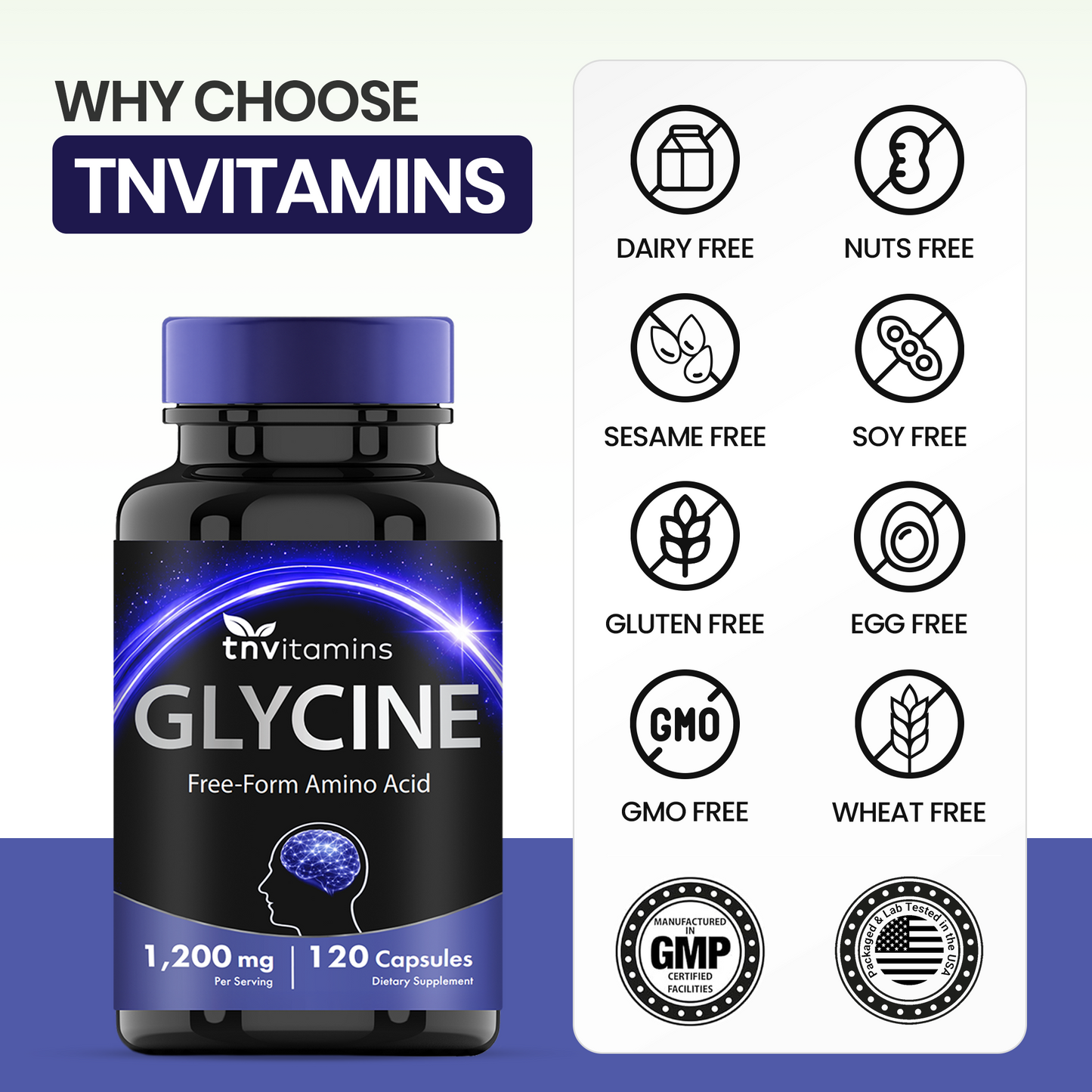 TNVitamins Glycine 1200mg Per Serving, Free Form Amino Acid Supplement, Supports Relaxation & Restful Sleep*, Glycine Capsules, 120 Capsules