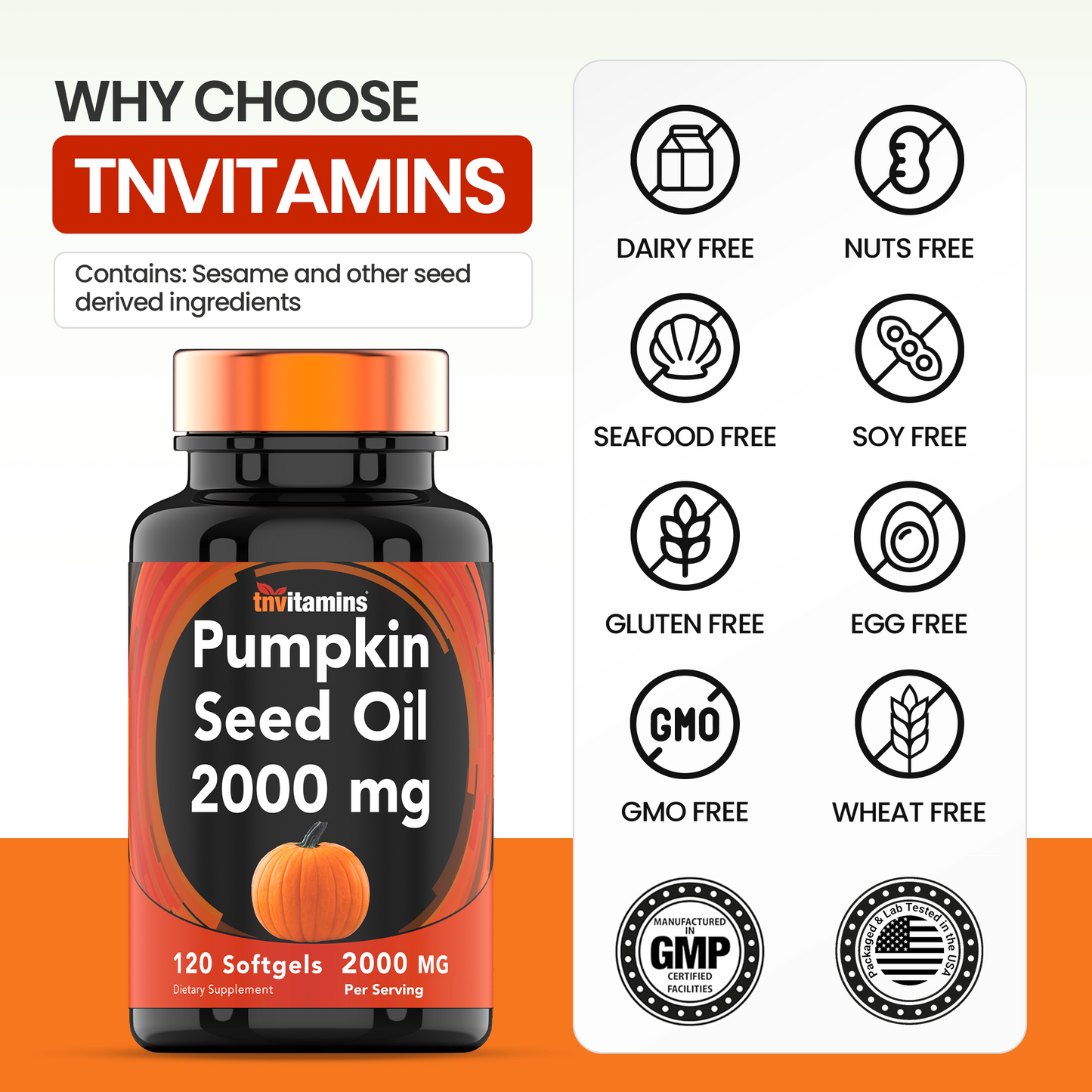 tnvitamins Pumpkin Seed Oil - 2000 mg Per Serving -  120 Softgels | Pumpkin Seed Oil for Hair Growth* | Pumpkin Seed Oil Extract Supplement for Bladder Control* | Non-GMO