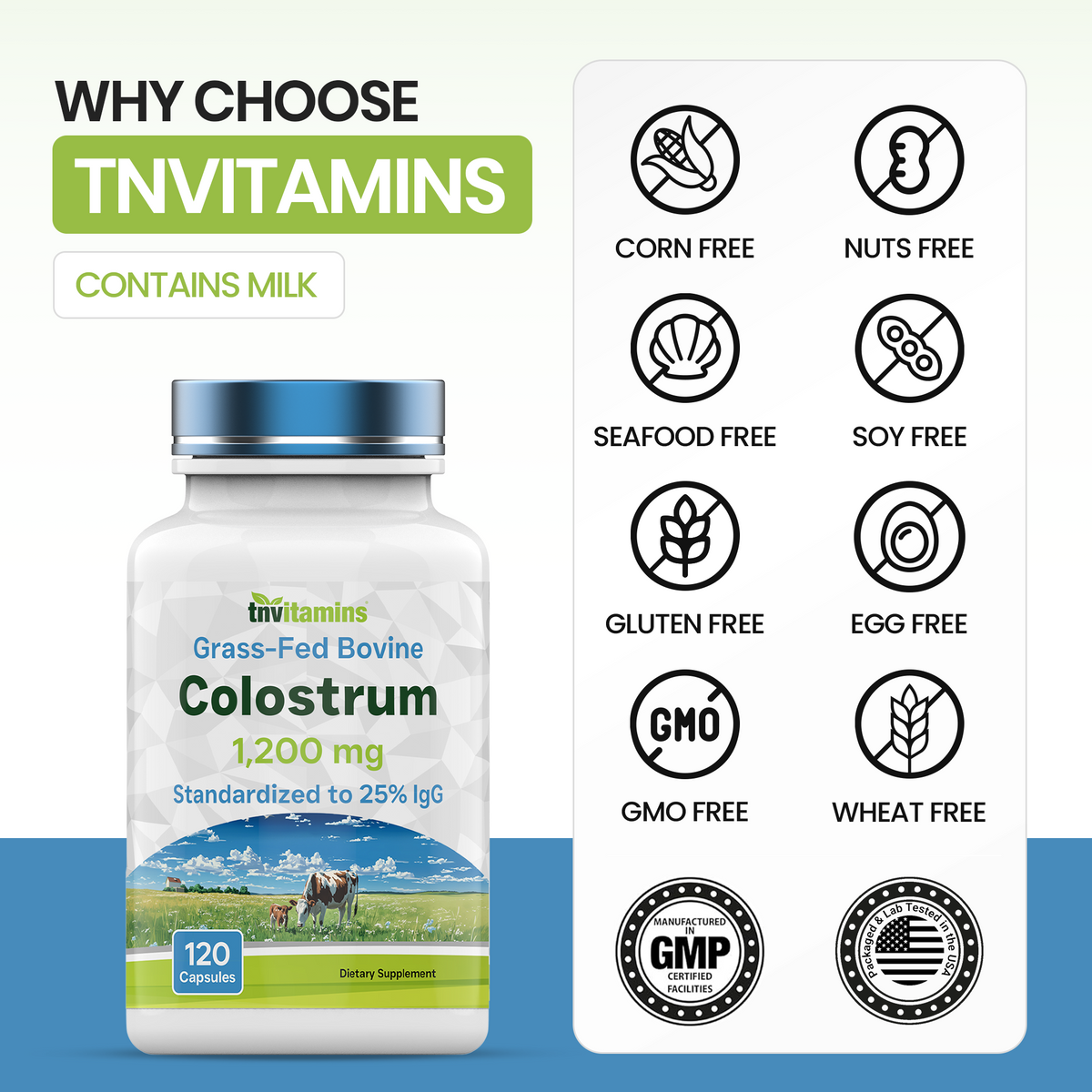Colostrum Supplement 1,200 mg Per Serving, 120 Capsules | Standardized to 25% IgG (Immunoglobulin G) | Grass-Fed Bovine Colostrum Powder Caps | Immune Support Supplement | Non-GMO, Made in the USA!