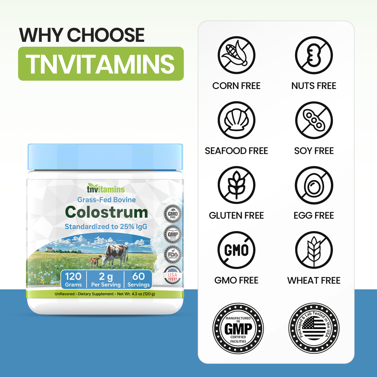 tnvitamins Colostrum Powder – 25% IgG | Grass-Fed Bovine Colostrum Supplement | Unflavored | 120g (4.3 oz) – 60 Servings | Non-GMO, No Additives