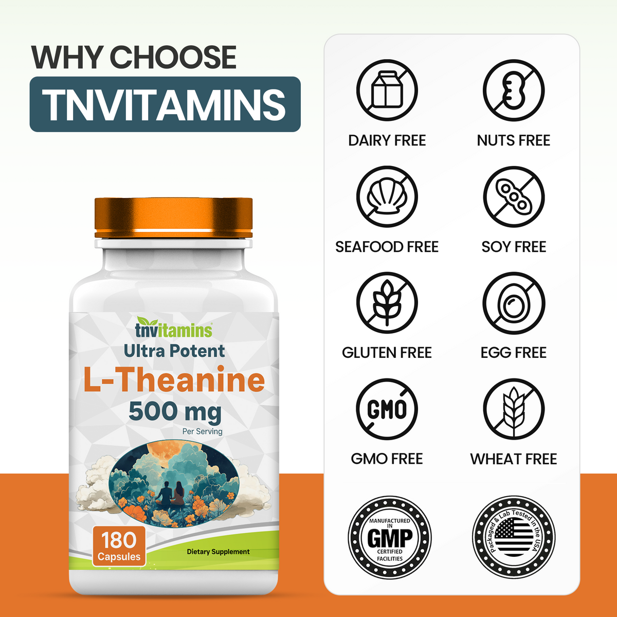 L-Theanine 500 mg Per Serving - 180 Capsules | Keep Calm, Cool, Collected, Alert, & Focused | L-Theanine Supplement May Support Mood, Brain, & Cognitive Function* | Non-GMO, Made in The USA!