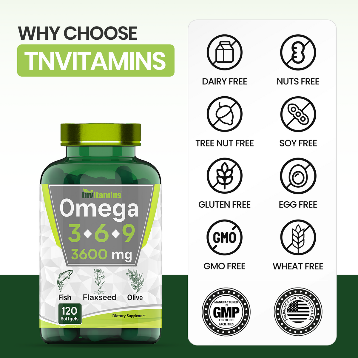 Triple Omega 3◆ 6◆ 9: 3600mg  - 120 Softgels | Omega Essential Fatty Acids from Fish Oil (EPA & DHA), Flaxseed Oil (ALA & LA), & Olive Oil (OA) | Omega 3-6-9 Supplement for Women & Men | Non-GMO