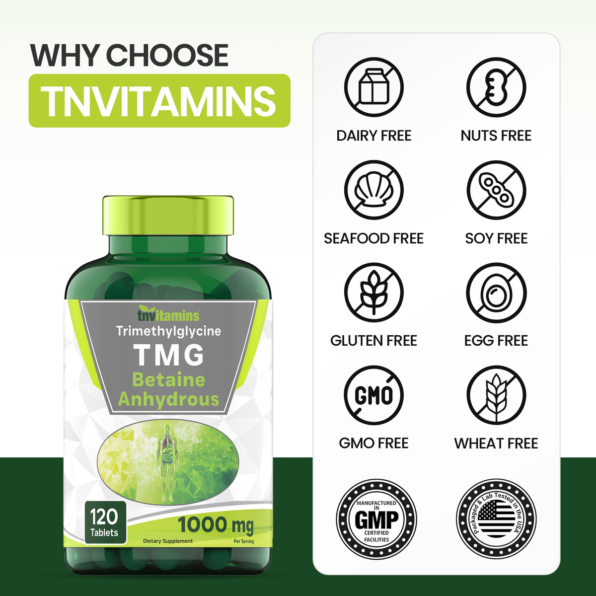 tnvitamins TMG Supplement 1000mg (Betaine Anhydrous) 120 Tablets | Better Than Betaine HCL* | Homocysteine Support* | Trimethylglycine | Non-GMO, Made in The USA!