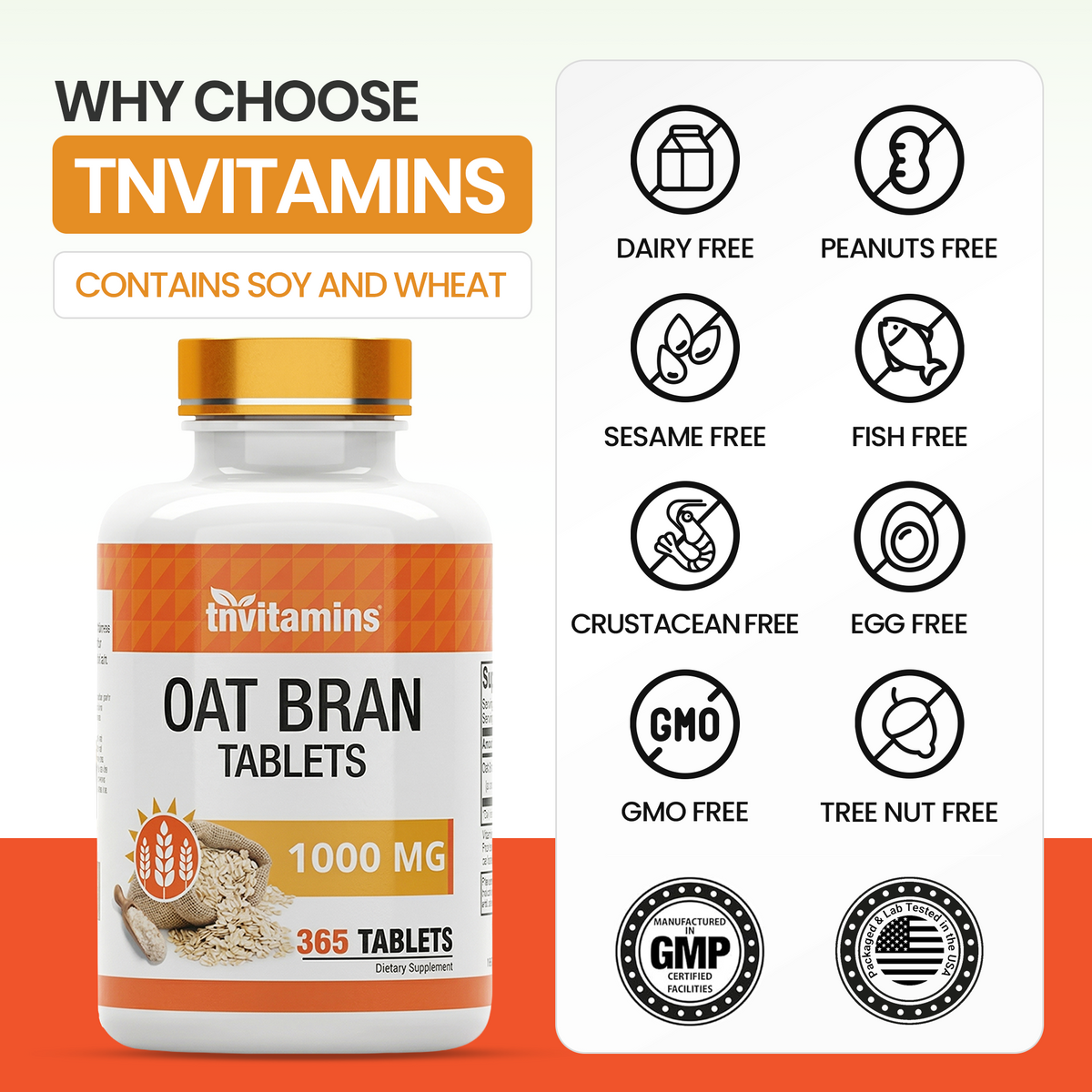 Oat Bran Tablets | 365 Tablets  -  1,000 MG per Tablet | Oat Fiber Tablets | Soluble & Dietary Fiber Supplement | May Support Digestive Health* | TNVitamins
