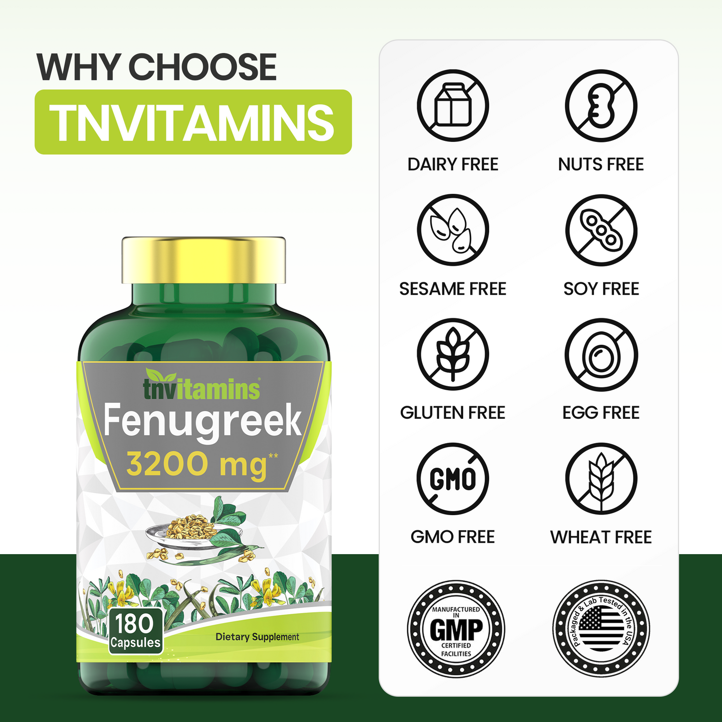 tnvitamins Fenugreek Capsules: 3200 mg - 180 Capsules | Fenugreek Supplement for Men & Women | Fenugreek Seed Powder Extract | Non-GMO | Made in The USA!