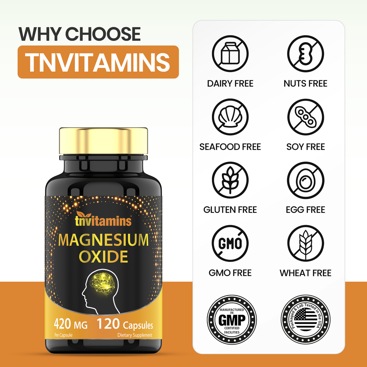 tnvitamins Magnesium Oxide 420mg - 120 Capsules | 4 Month Supply! | 100% Daily Value of Magnesium Oxide in One Capsule | Oxido de Magnesio | Non-GMO, Made in The USA