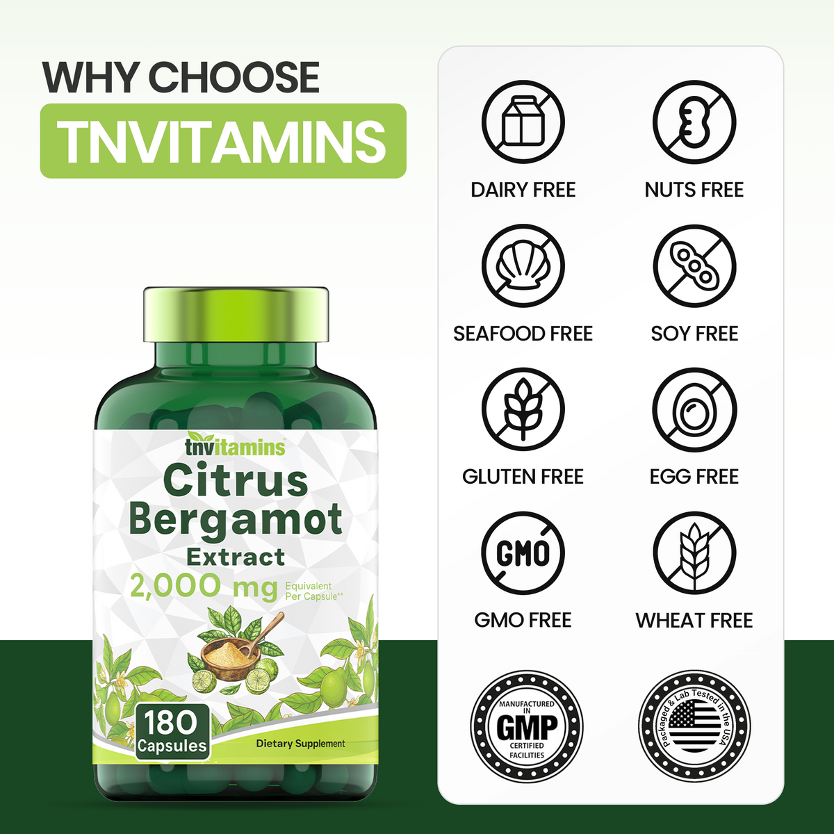 tnvitamins Citrus Bergamot 2000mg - 180 Capsules | Ultra Potent Citrus Bergamot Supplement 2000 mg Per 1 Capsule Serving | 6 Month Supply! | Non-GMO | Made in The USA!