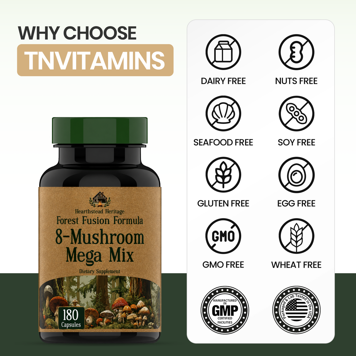8 Mushroom Complex - 180 Capsules - Lion’s Mane, Reishi, Chaga, Cordyceps & Turkey Tail - Natural Immune, Focus & Energy* Support Supplement for Men & Women