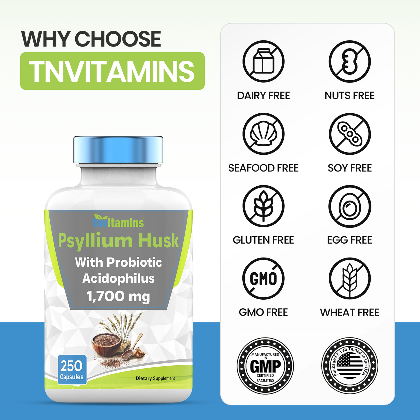 Psyllium Husk Capsules | 1700 MG - 250 Capsules | with Probiotic Acidophilus | Extra Strength Soluble & Dietary Fiber Supplement | Supports Digestive Health | by TNVitamins