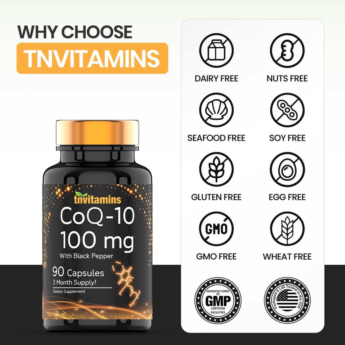 tnvitamins CoQ-10 100mg - 90 Capsules with Black Pepper Extract | Maximum Absorption Rapid Release Capsules | Coenzyme Q-10 Supplement | Powerful Free Radical Fighting Antioxidant