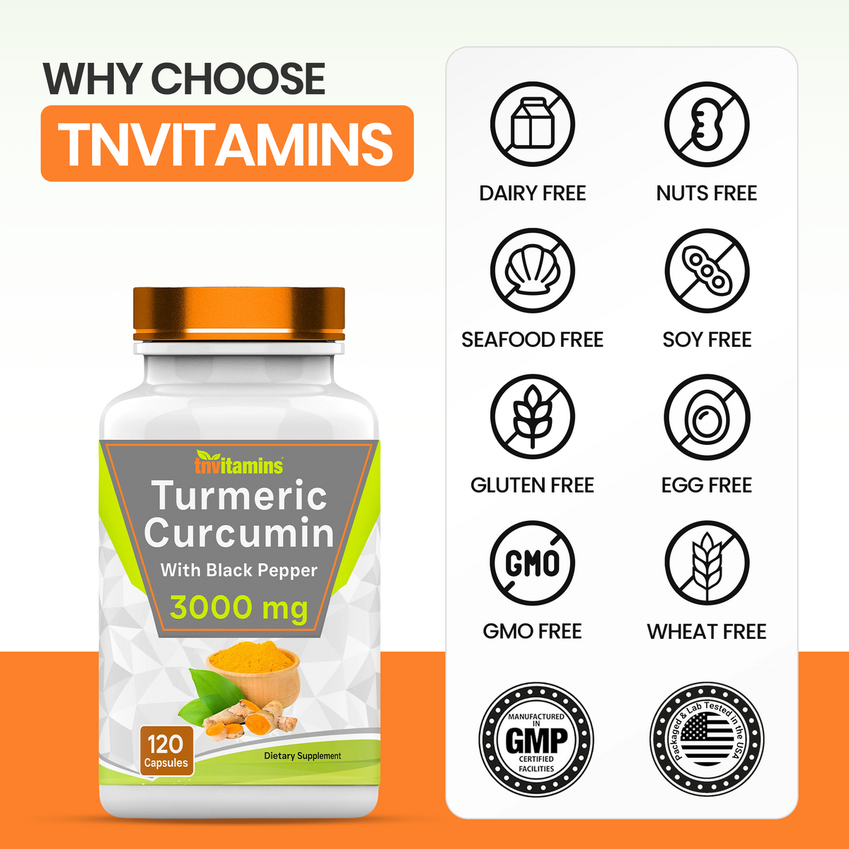 Turmeric Curcumin Capsules with Black Pepper | 3000 MG - 120 Capsules | Extra Strength Golden Turmeric Curcumin Supplement | Non-GMO | Produced in The USA | TNVitamins