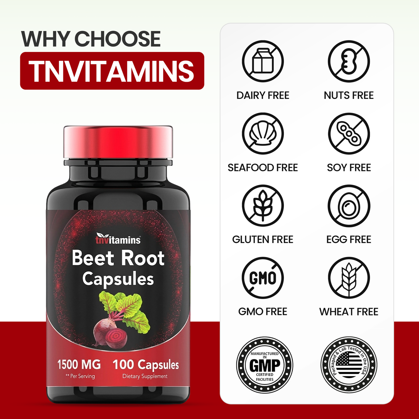 Beet Root Capsules | 1500 Mg - 100 Capsules | Beet Root Powder Extract Capsules | Supports Cardiovascular & Heart Health* | Non-GMO & Gluten-Free | Produced in the USA | TNVitamins