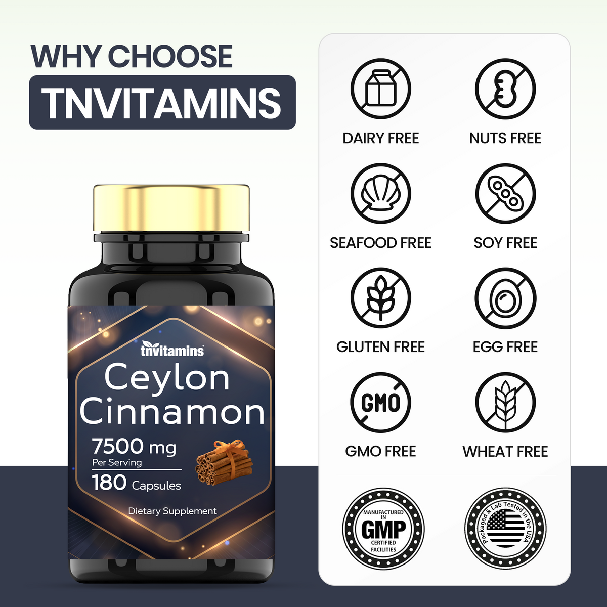 tnvitamins Ceylon Cinnamon Capsules 7500mg Per Serving - 180 Capsules | High Potency Ceylon Cinnamon Powder Pills for Women & Men