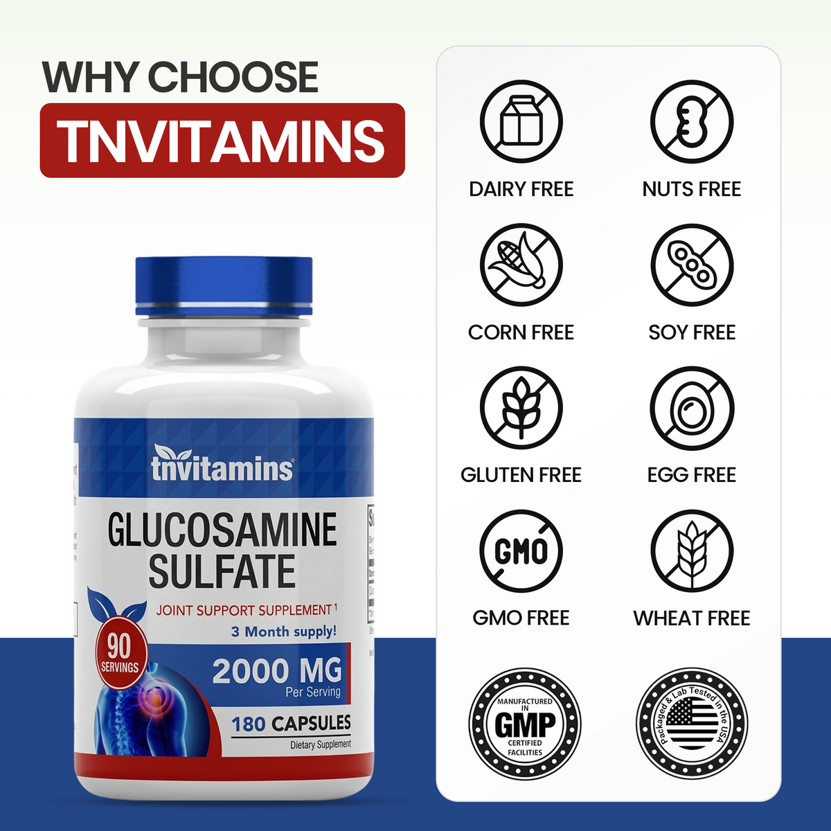 Glucosamine Sulfate Capsules 2000 MG (180 Count) | Joint Support* Supplement for Women & Men | Produced in The USA | Promotes Flexibility & Mobility* | by TNVitamins