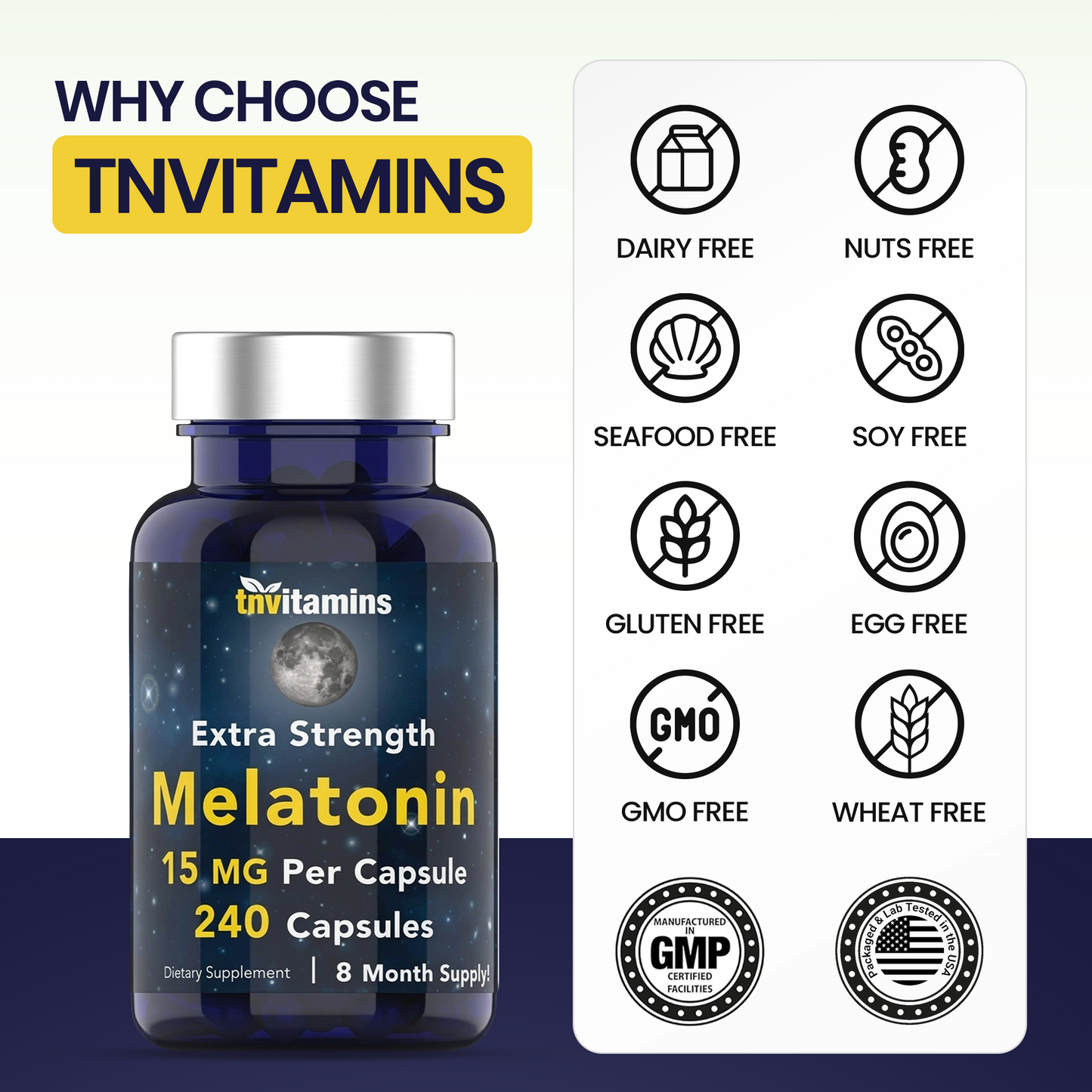 tnvitamins Melatonin 15 MG Per Capsule (240 Capsules) | All-Natural Sleeping Pills for Adults | Extra Strength Melatonin | Nighttime Sleep Aid | Natural Sleep Support Supplement