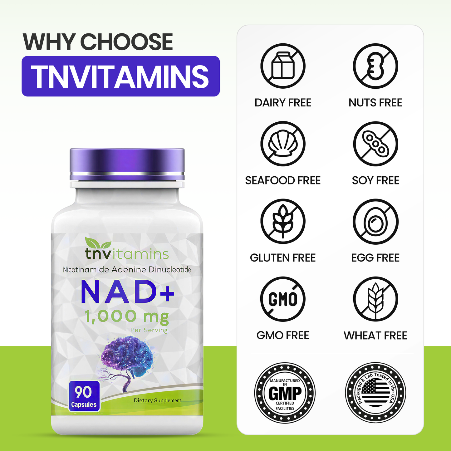 tnvitamins NAD+ Supplement 1,000 mg Per Serving - 90 Count | High Potency NAD Capsules | Nicotinamide Adenine Dinucleotide | NAD Plus Support for Energy & Vitality