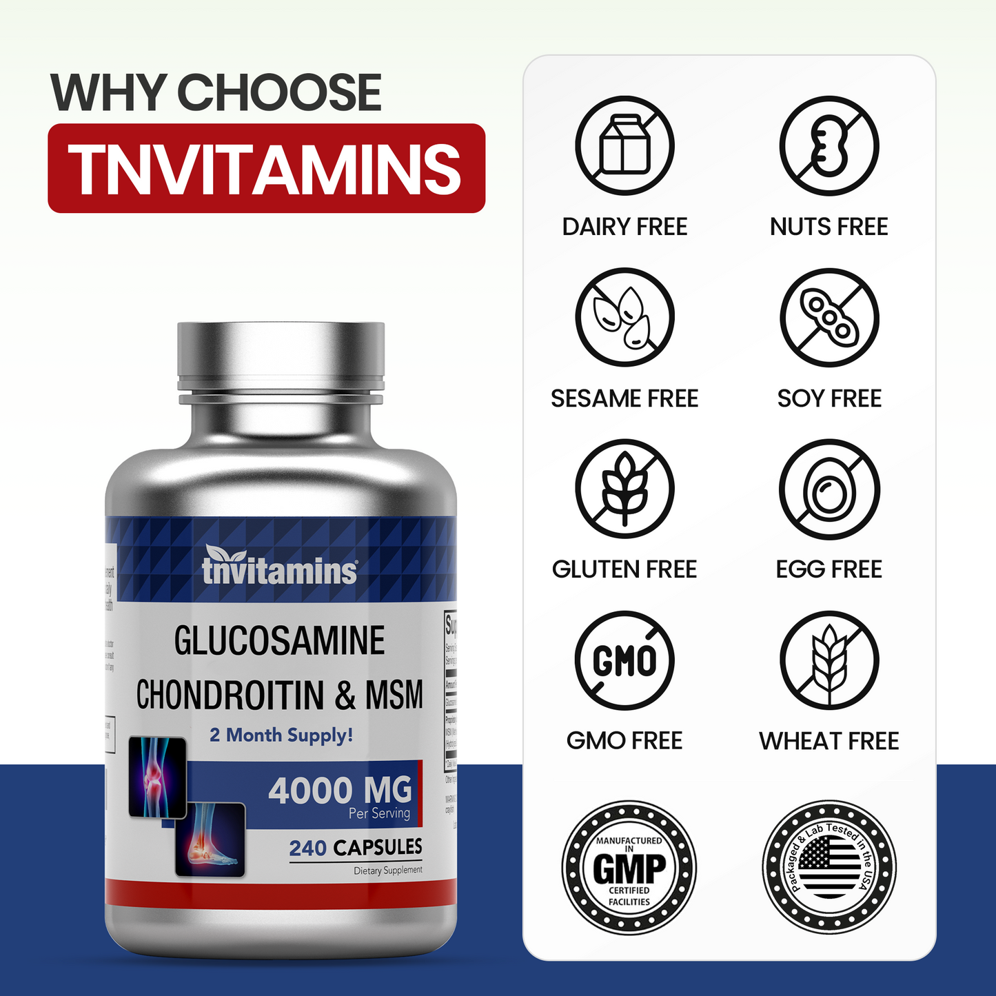 tnvitamins Glucosamine Chondroitin MSM Capsules, 240 Count | 4,000 mg Per Serving | 2,000 mg Glucosamine Sulfate 2KCl + MSM & Chondroitin | Joint Support Supplement