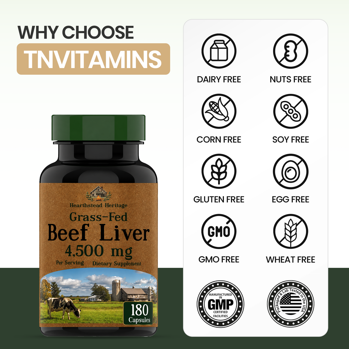 tnvitamins Grass Fed Beef Liver Capsules 4,500 mg per Serving – 180 Capsules | Desiccated, Freeze-Dried, Pasture-Raised Beef Liver Supplement | Natural Energy, Vitality & Immune Support | Made in USA