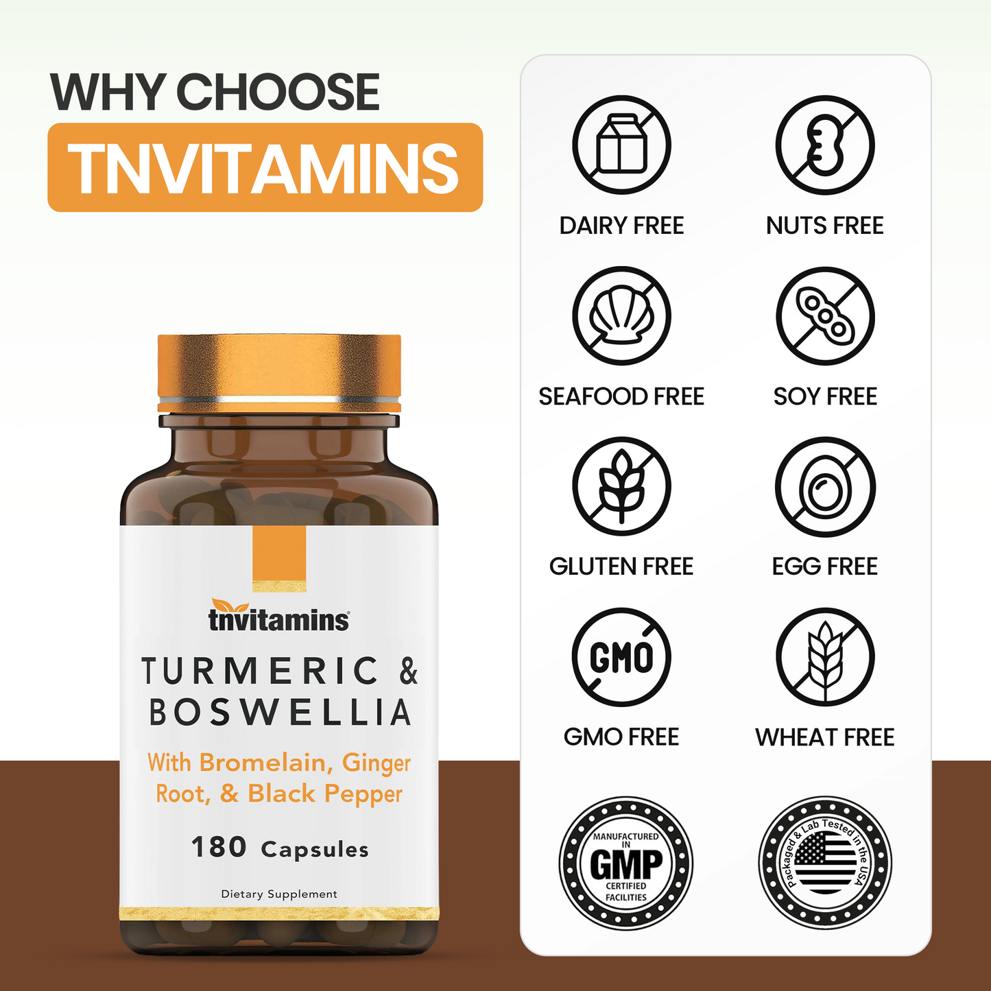 tnvitamins Turmeric & Boswellia Complex (180 Capsules) with Ginger Root , Bromelain, & Black Pepper Extract | Joint-Ease Formula: Powerful Joint Support Supplement* | Produced in The USA