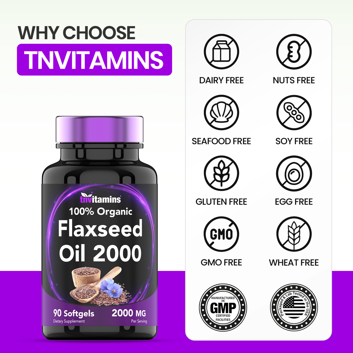 tnvitamins Organic Flaxseed Oil Softgels: 2000 mg  - 90 Softgels | High in Omega-3 Fatty Acids | Flaxseed Oil Supplement for Women & Men | Non-GMO