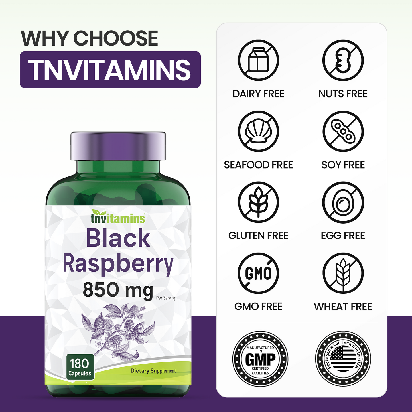 tnvitamins Black Raspberry Capsules 850mg Per Serving - 180 Capsules - 3 Month Supply! Powerful Antioxidant | May Support Your Cardiovascular & Immune Systems