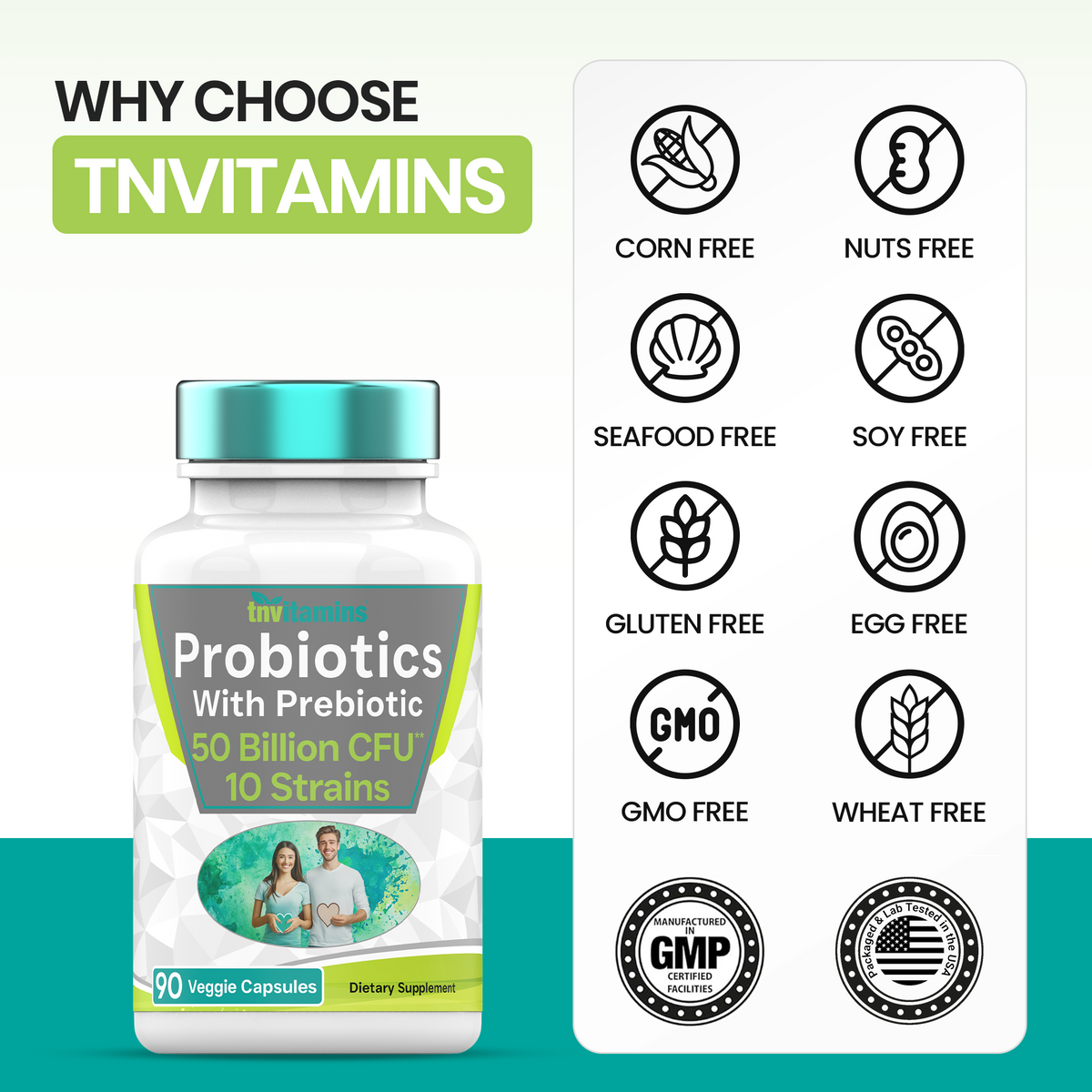 Probiotics with Prebiotic: 50 Billion CFU - 10 Strain - 90 Vegetarian Capsules | with Acidophilus Probiotic for Digestive Health, Gut Health, & Immune Support* | for Men & Women