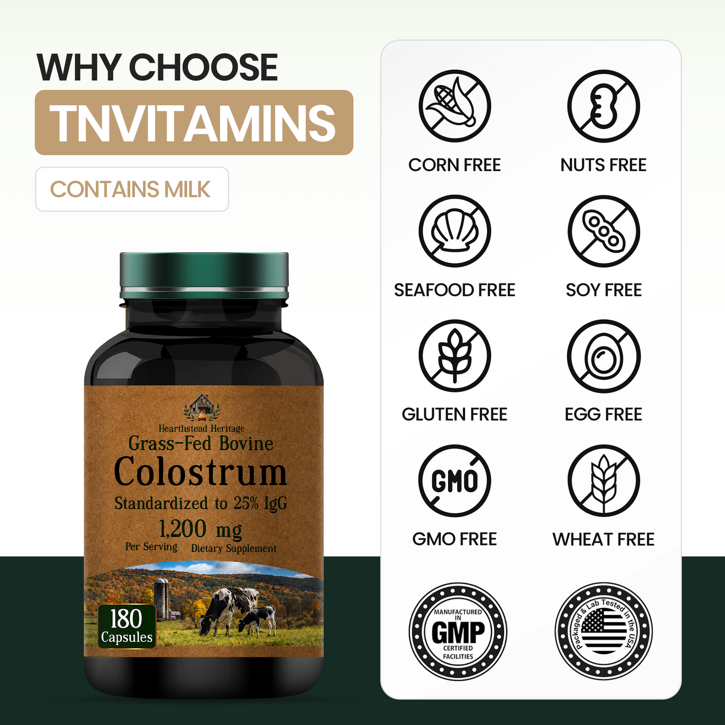 Colostrum Supplement 1,200 mg Per Serving, 180 Capsules | Standardized to 25% IgG (Immunoglobulin G) | Grass-Fed Bovine Colostrum Powder Caps | Immune Support Supplement | Non-GMO, Made in the USA!