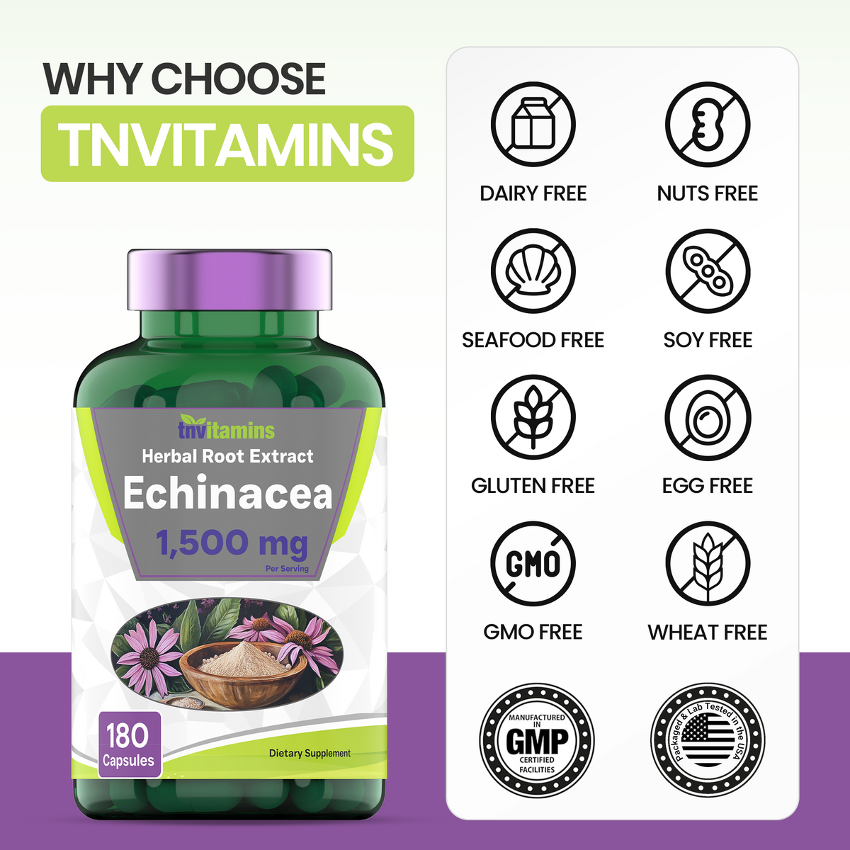 Echinacea Capsules (1500 MG  - 180 Capsules) | Supports Health & Well-Being | Echinacea Root Herbal Extract Supplement | Produced in The USA | TNVitamins