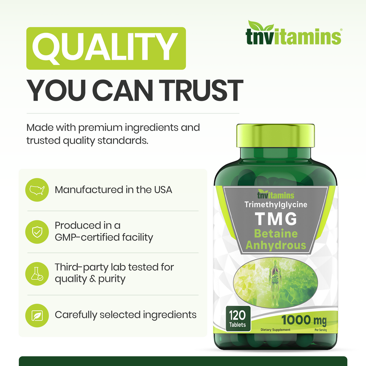 tnvitamins TMG Supplement 1000mg (Betaine Anhydrous) 120 Tablets | Better Than Betaine HCL* | Homocysteine Support* | Trimethylglycine | Non-GMO, Made in The USA!