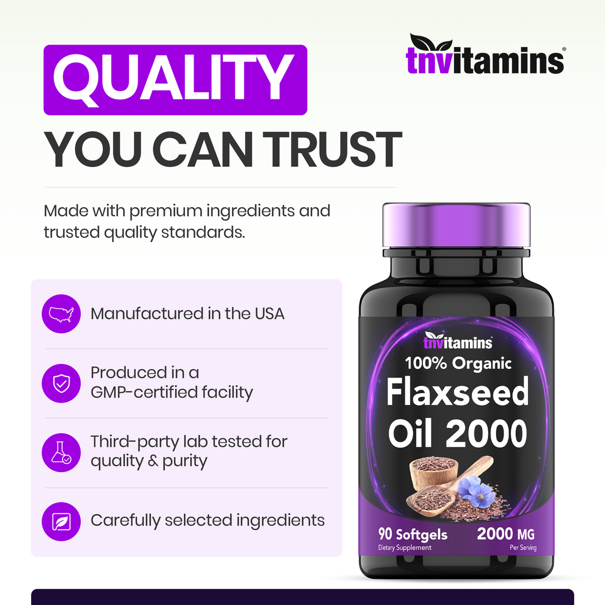 tnvitamins Organic Flaxseed Oil Softgels: 2000 mg  - 90 Softgels | High in Omega-3 Fatty Acids | Flaxseed Oil Supplement for Women & Men | Non-GMO