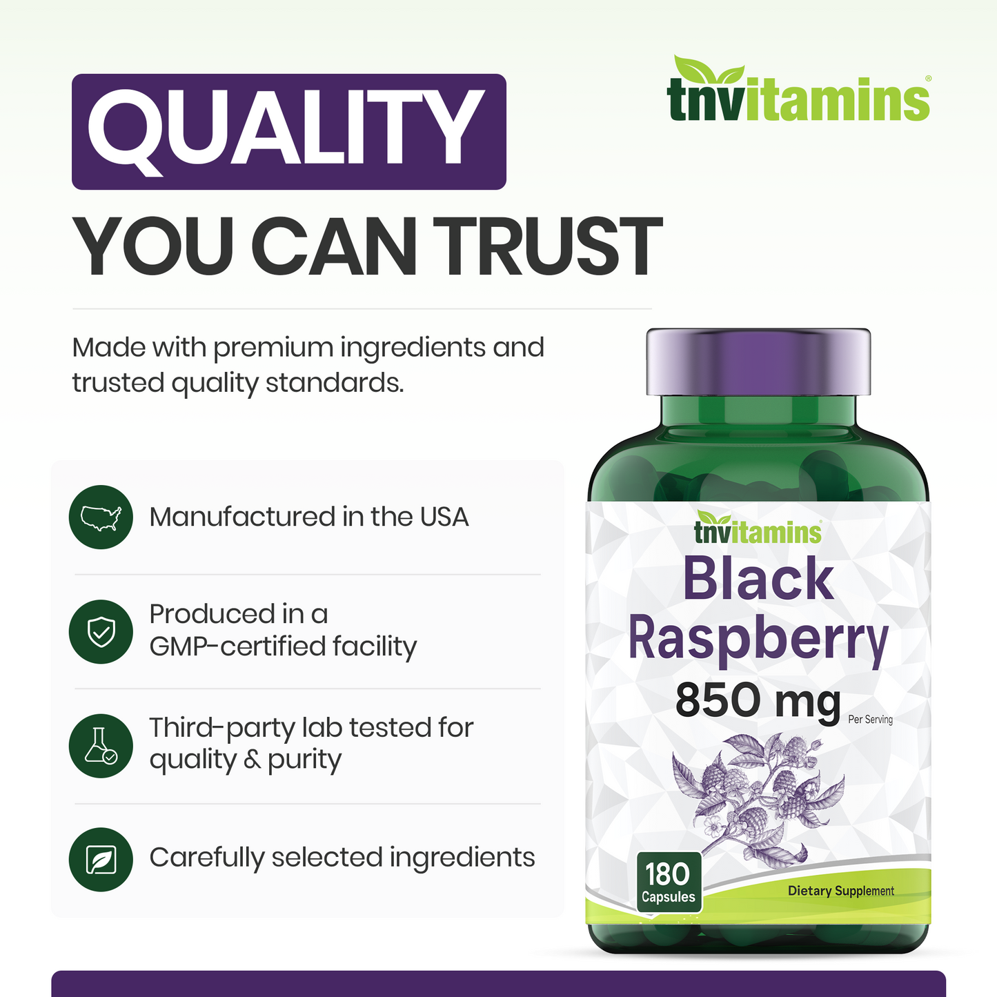tnvitamins Black Raspberry Capsules 850mg Per Serving - 180 Capsules - 3 Month Supply! Powerful Antioxidant | May Support Your Cardiovascular & Immune Systems