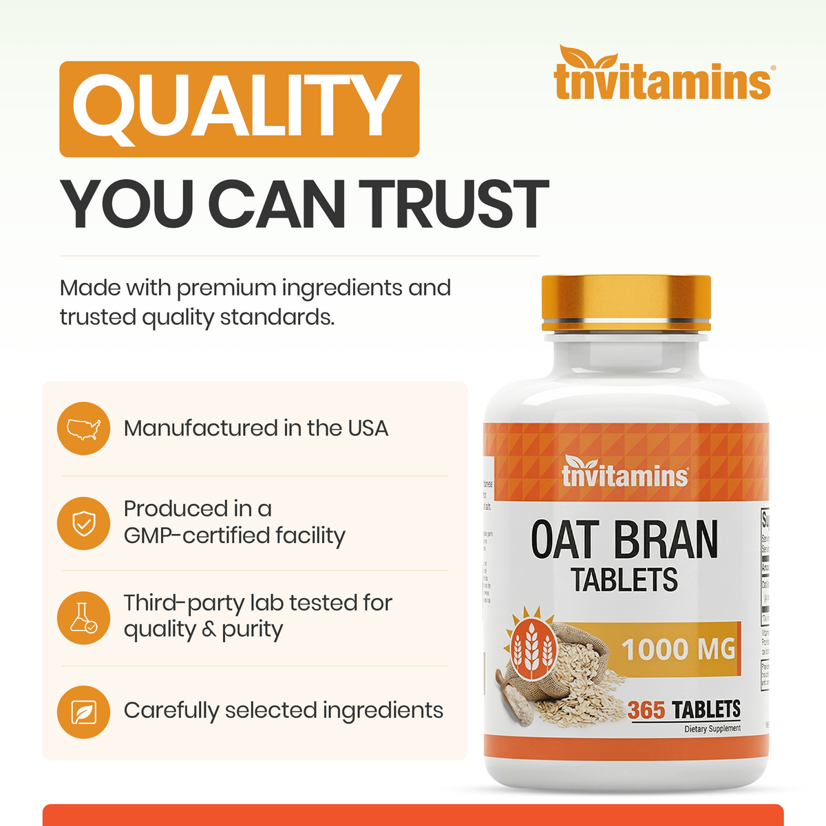 Oat Bran Tablets | 365 Tablets  -  1,000 MG per Tablet | Oat Fiber Tablets | Soluble & Dietary Fiber Supplement | May Support Digestive Health* | TNVitamins