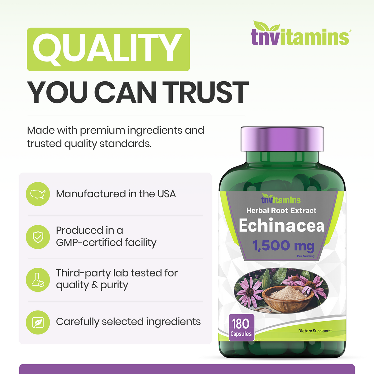 Echinacea Capsules (1500 MG  - 180 Capsules) | Supports Health & Well-Being | Echinacea Root Herbal Extract Supplement | Produced in The USA | TNVitamins