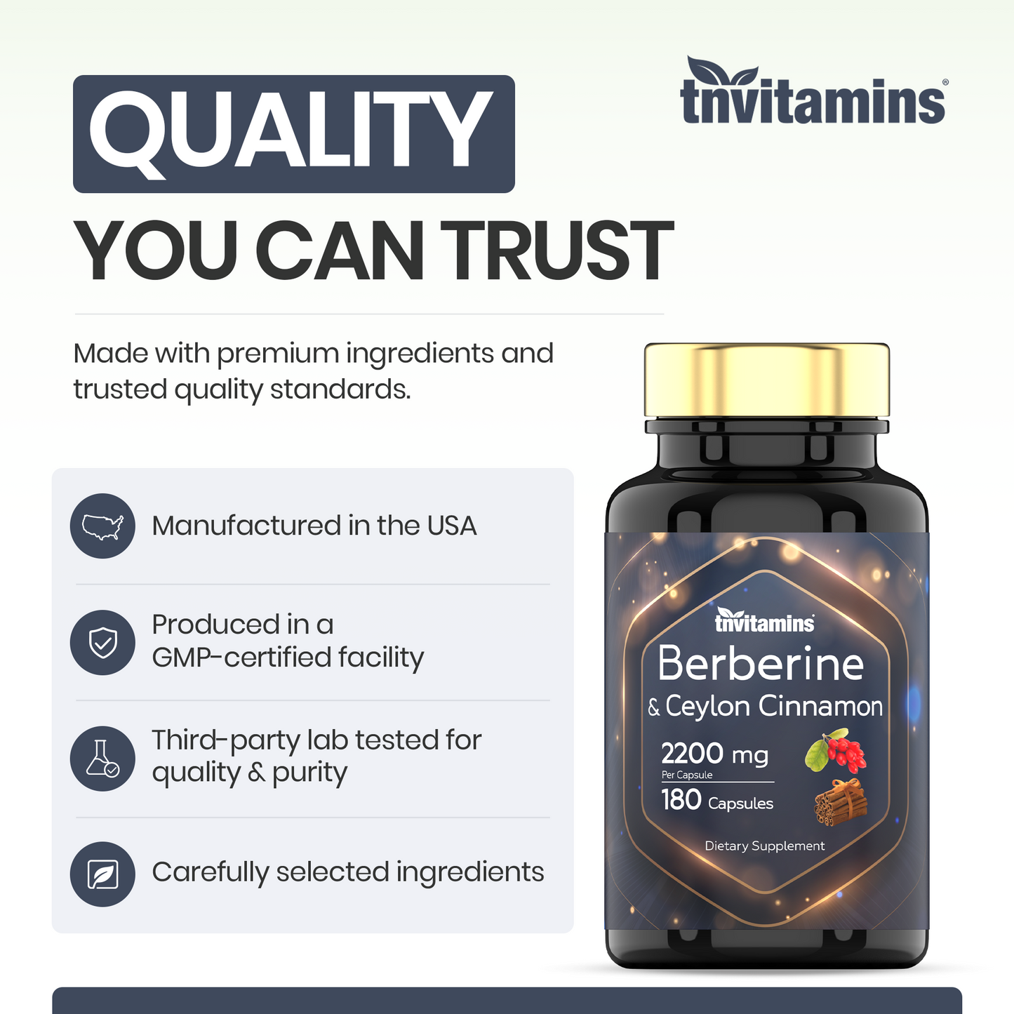 tnvitamins Berberine with Ceylon Cinnamon: 2200 mg Per Capsule - 180 Capsules | 6 Month Supply