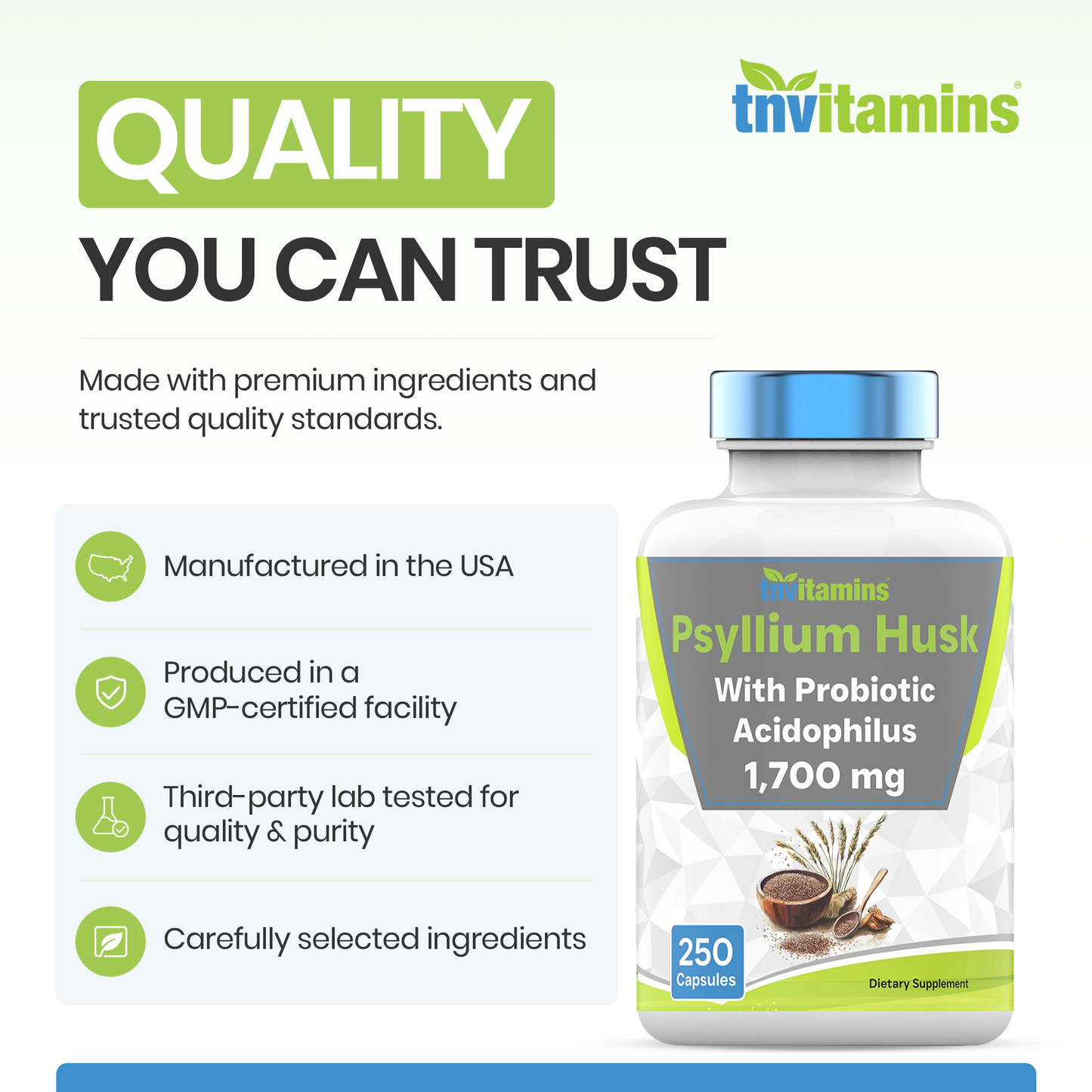 Psyllium Husk Capsules | 1700 MG - 250 Capsules | with Probiotic Acidophilus | Extra Strength Soluble & Dietary Fiber Supplement | Supports Digestive Health | by TNVitamins