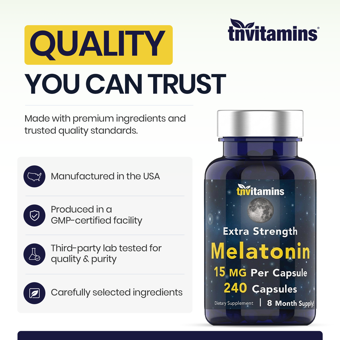 tnvitamins Melatonin 15 MG Per Capsule (240 Capsules) | All-Natural Sleeping Pills for Adults | Extra Strength Melatonin | Nighttime Sleep Aid | Natural Sleep Support Supplement