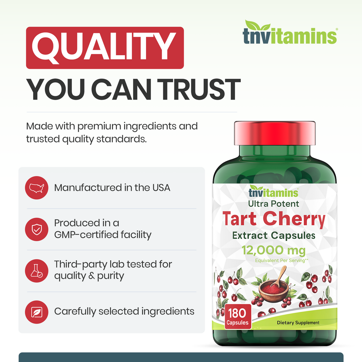 tnvitamins Tart Cherry Capsules 12,000 mg Per Serving - 180 Count | Ultra-Potent Tart Cherry Extract Capsules | Joint, Sleep, & Recovery Support* | High in Antioxidants | Non-GMO | Made in The USA!