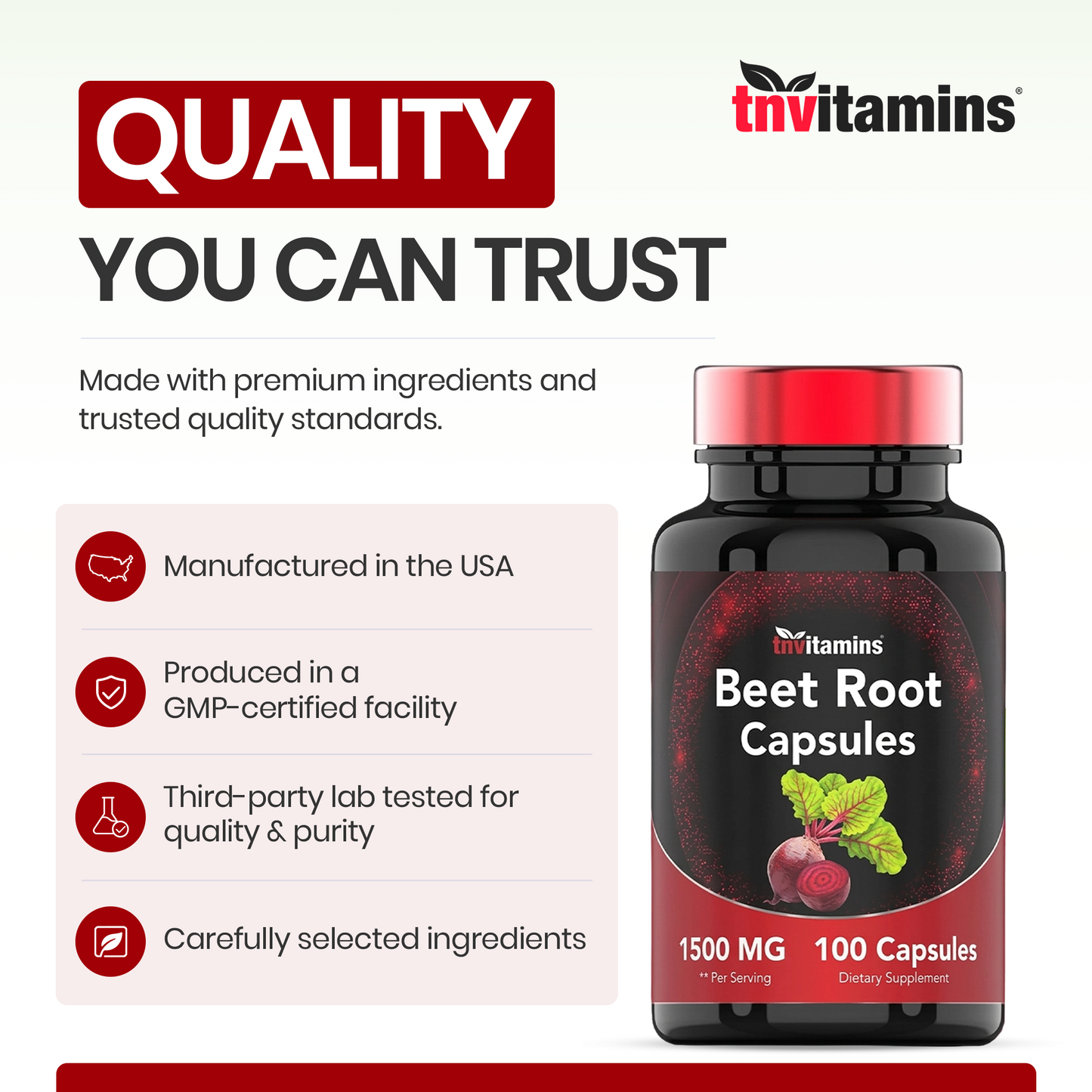 Beet Root Capsules | 1500 Mg - 100 Capsules | Beet Root Powder Extract Capsules | Supports Cardiovascular & Heart Health* | Non-GMO & Gluten-Free | Produced in the USA | TNVitamins