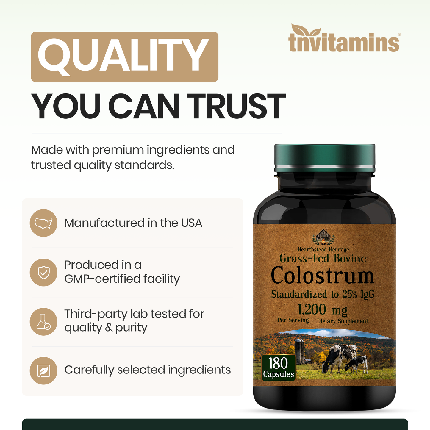 Colostrum Supplement 1,200 mg Per Serving, 180 Capsules | Standardized to 25% IgG (Immunoglobulin G) | Grass-Fed Bovine Colostrum Powder Caps | Immune Support Supplement | Non-GMO, Made in the USA!