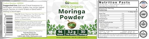 tnvitamins Organic Moringa Powder: Over 3 Grams per Serving | 30 Day Supply | 100% Organic Moringa Leaf Powder for Tea, Shakes, Smoothies, Baking